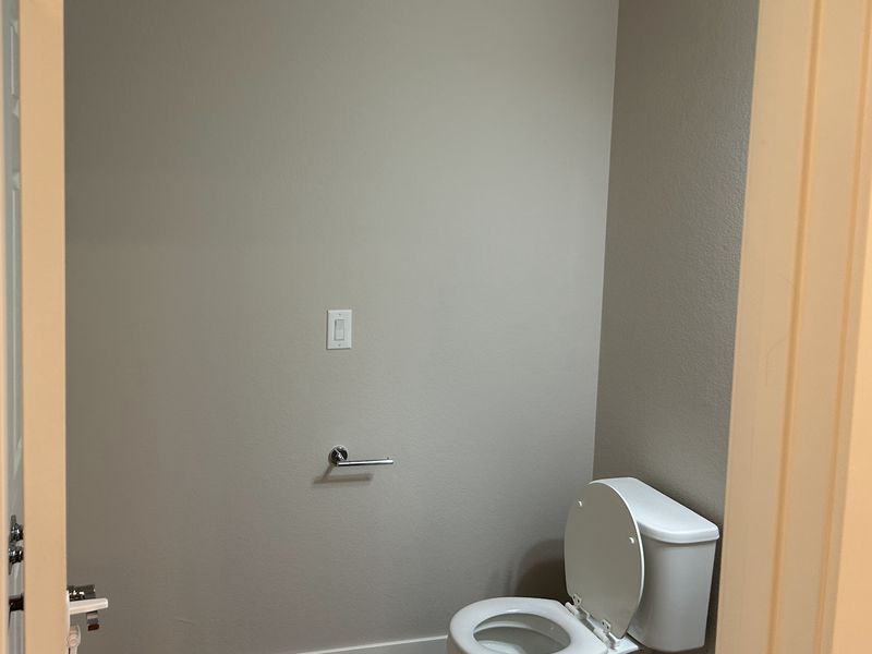 After: the same half bathroom wall, now a light neutral gray, with the same switch, toilet paper holder and toilet.
